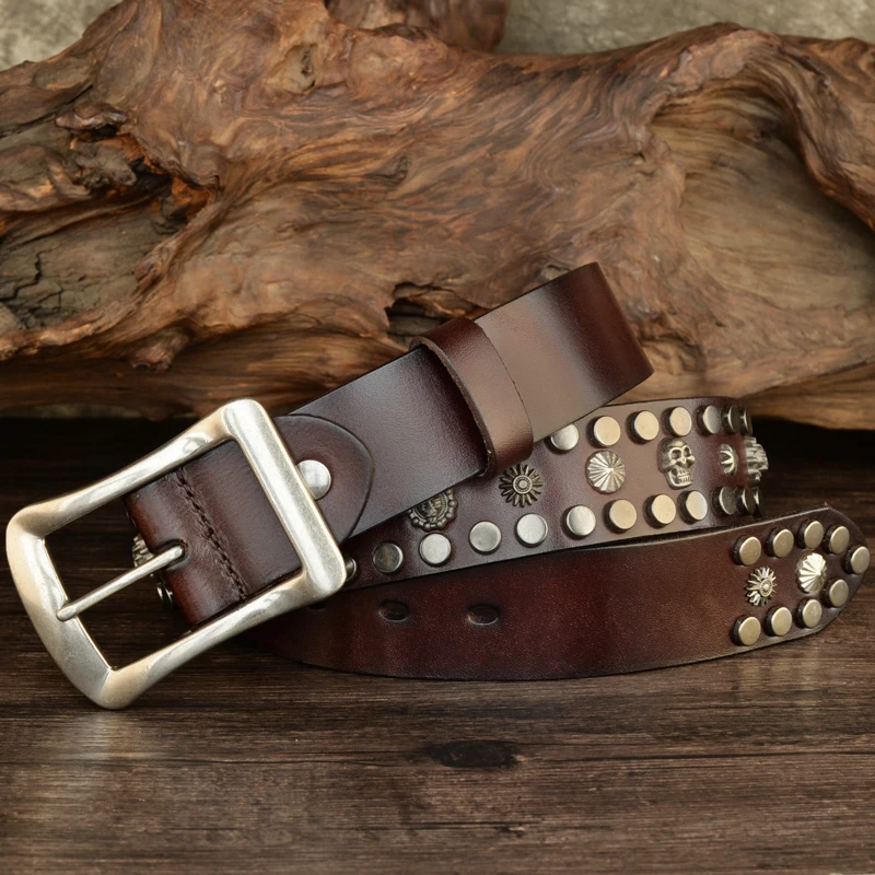 High Quality Punk Rivet Belt Personalized Sweet and Cool Style Skull Buckle Neutral Pin Buckle Genuine Cowskin Belt