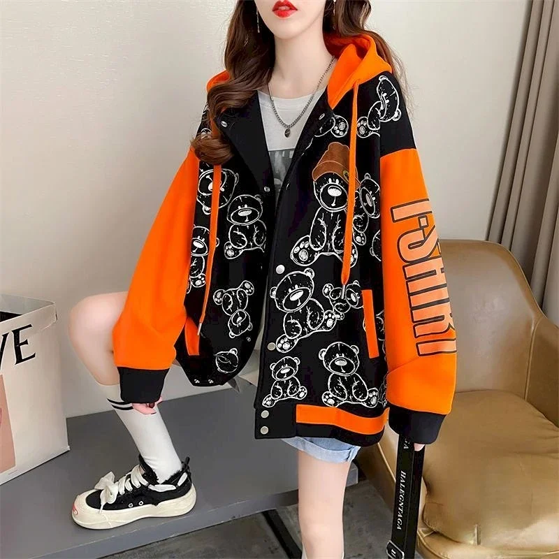 Fashion Zip Up Hoodies Women Casual Loose Hooded Baseball Jacket Autumn Winter Trendy Plush Thicken Hoodie Cute Coat Y2k Clothes