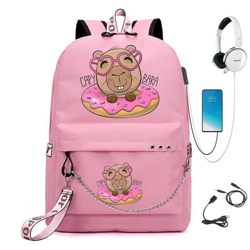 Capybara Anime Mochila para Crianças, Mochila Adolescente, Bagpack de Carregamento USB, Bookbag de Viagem dos Desenhos Animados para Meninas, Cute School Bag para Meninas