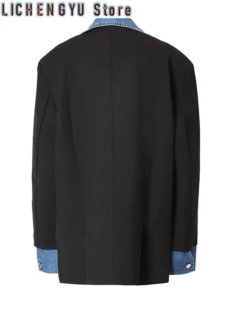 Women Dark Blue Deinm Spliced Big Size Blazer New Lapel Long Sleeve Loose Fit Jacket Fashion Spring Autumn