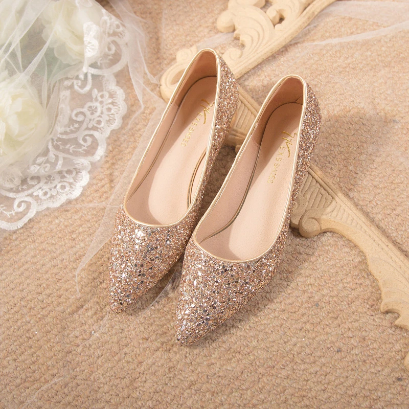 2023 New Single Shoes Women\'s Spring and Autumn Pointed High Heels Women\'s Shallow Mouth Thin Heels Crystal Sequin Wedding Shoes