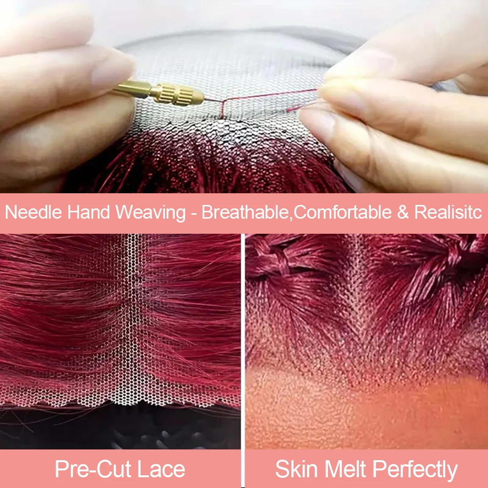 99j Merah Marun 13X6 Rambut Manusia Renda Depan Kepadatan 250 Gelombang Tubuh 7X5 13X4 Wig Tanpa Lem 40 Inci Berwarna Merah Siap Dipakai untuk Wanita