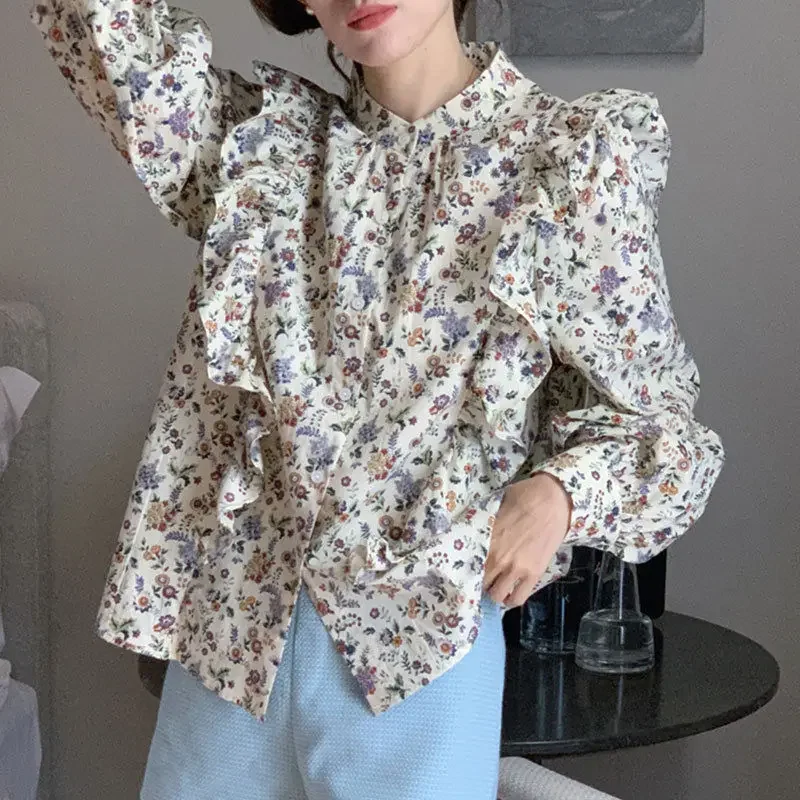 Camisa de manga abombada con volantes y costuras estampadas para mujer, Tops holgados con cuello levantado coreano Chic para mujer, blusa dulce Vintage de primavera