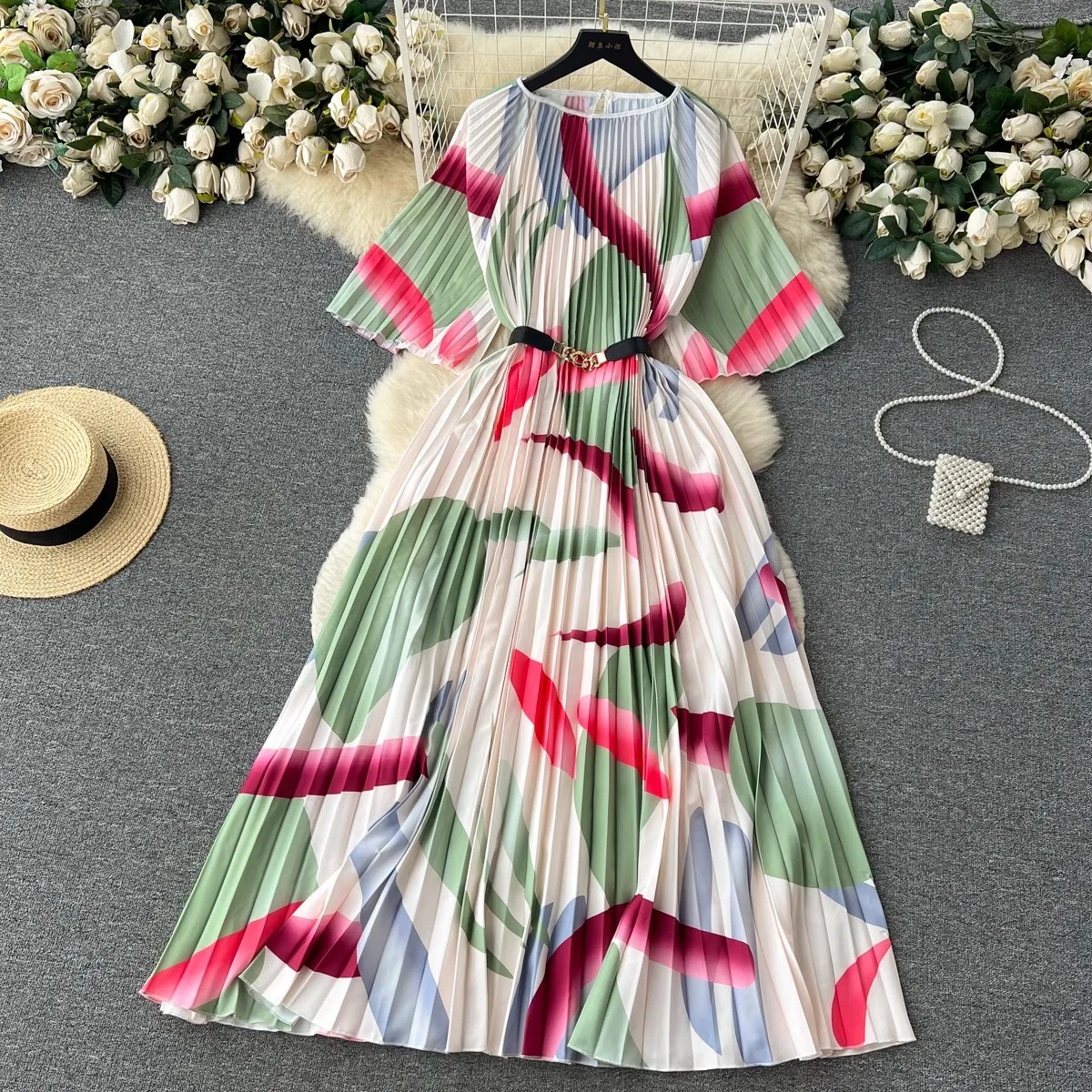 

2023 New Retro Summer Long Dress High Quality Elegant Women Round Collar Short Sleeve Printing Elastic Maxi Vestidos With Belt