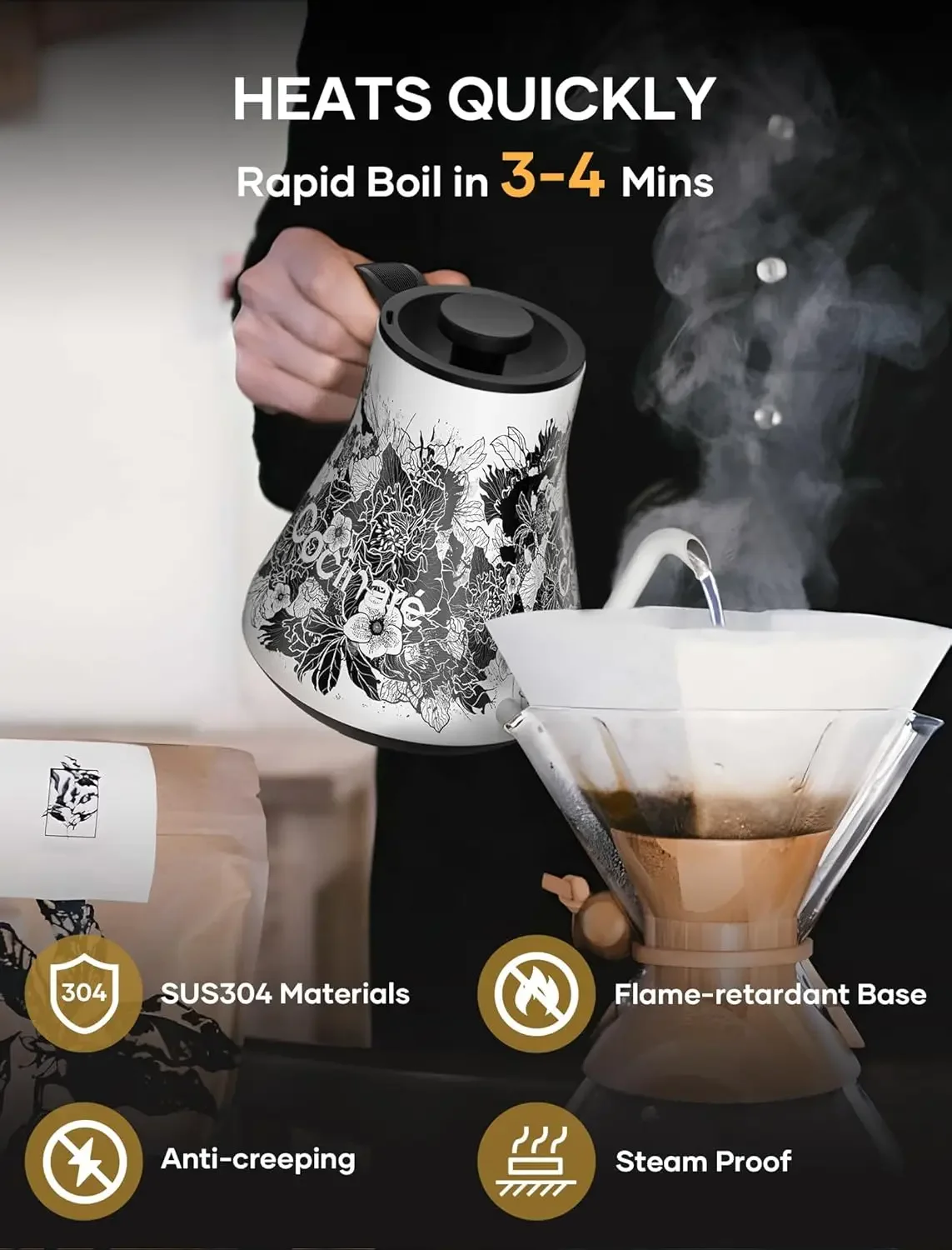 غلاية كهربائية معقوفة مع تحكم في درجة الحرارة، صب فوق القهوة والشاي، 1200 وات لزمن الغليان السريع 180 ثانية، 600 جرام خفيف للغاية،