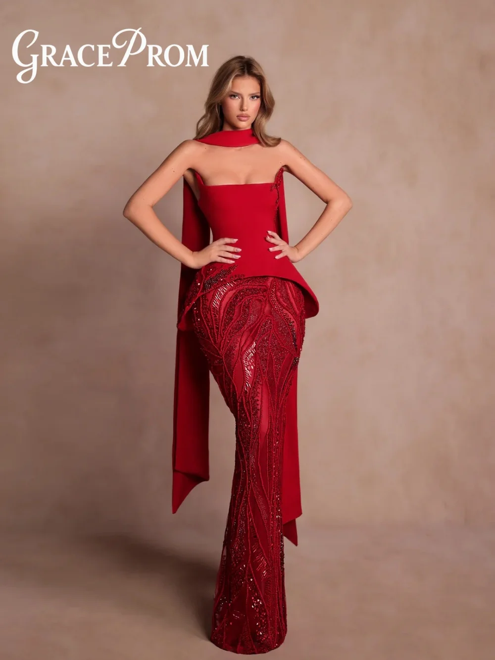 

GraceProm Striking Bead Red Evening Dress 2026 Sequin Carpet Gown Fashionable A-Line Floor-Length Party Gown Robes De Soirée