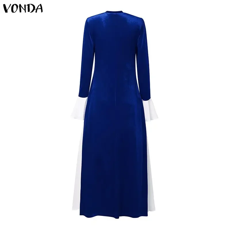 Eleganckie zimowe sukienki damskie VONDA z długim rękawem, welurowe sukienki wieczorowe na przyjęcia, patchworkowe jesienne długie suknie maxi, damskie suknie ślubne Vestido