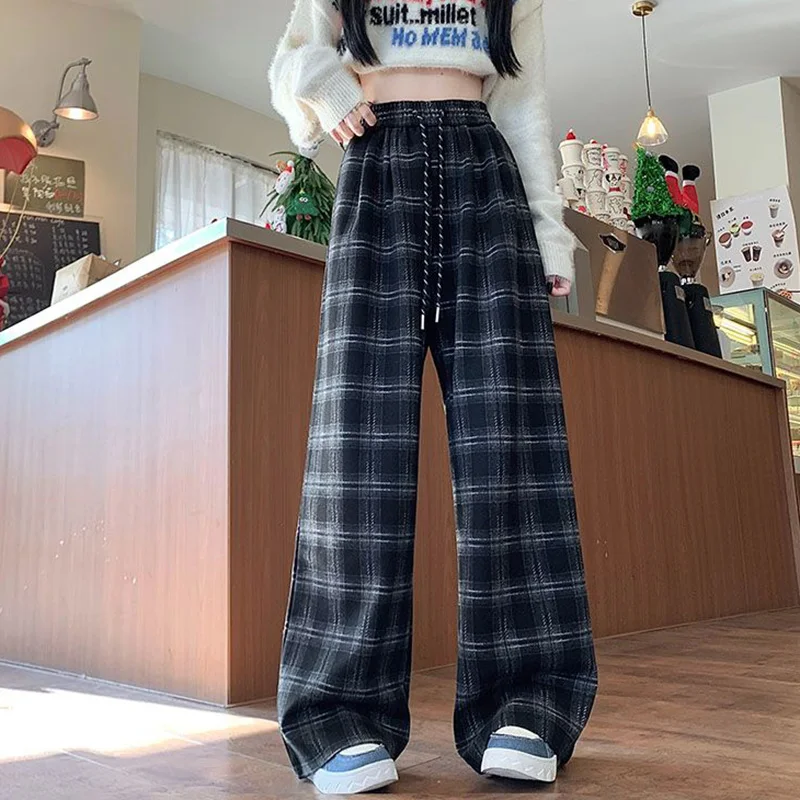 Pantalones de cintura alta a cuadros a la moda Retro para mujer, pantalones coreanos elegantes de cintura alta para niñas, pantalones de pierna recta holgados cómodos para mujer