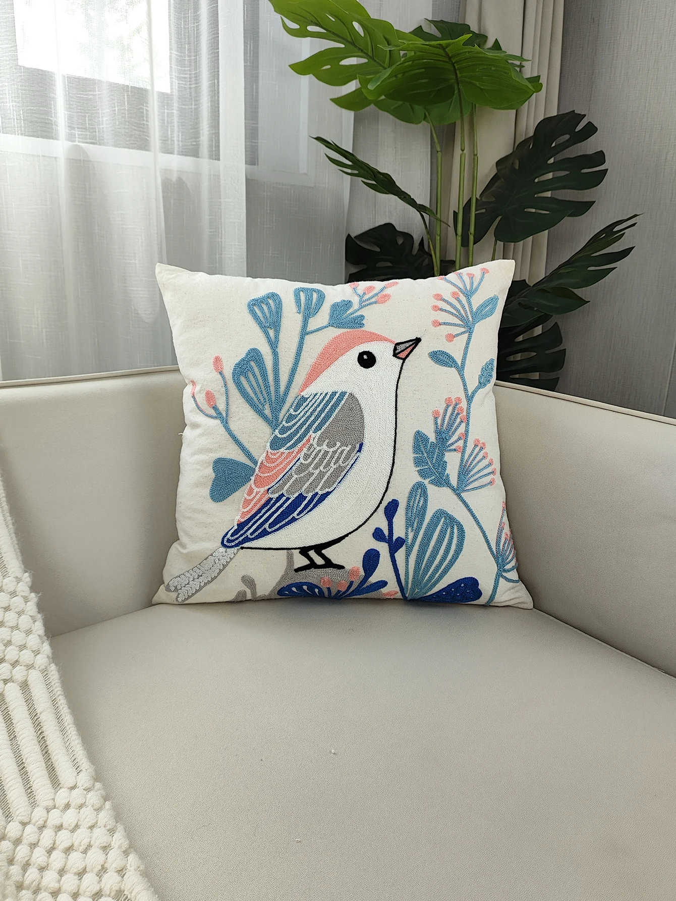 1pc, Cushion Cover Decorative Pillow Case Birds Flora Luxury Embroidery Coussin Home Sofa Decor