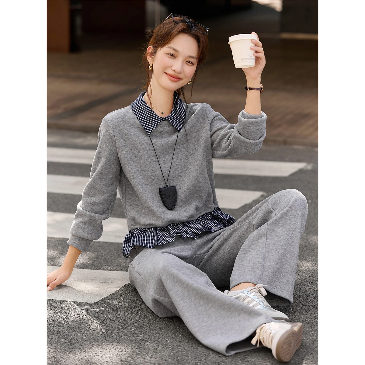 

VIMLY Grey Woman 2 Piece Outfit Pant Sets Sporty Spliced Plaid Lapel Collar Tops Wide Leg Pants Winter 2025 Lady Tracksuit A3198