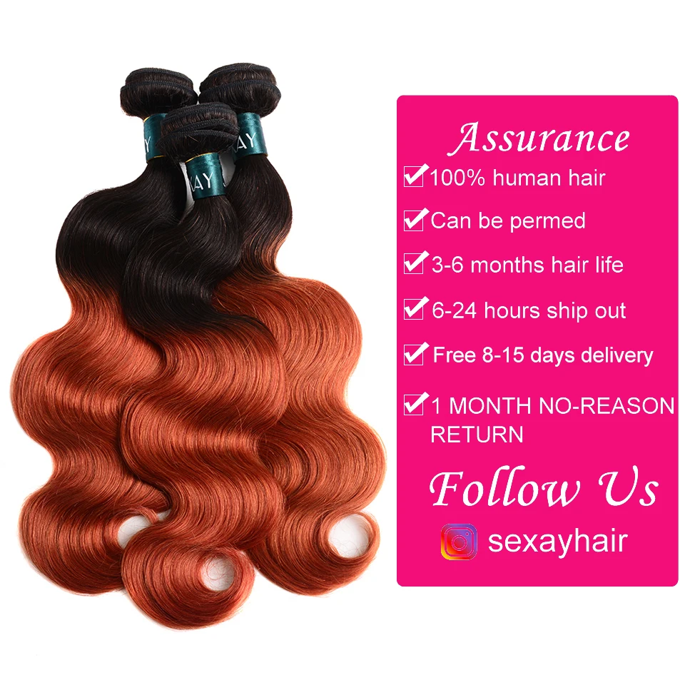 1B 350 Body Wave Human Hair Weave Bundles For Black Women 14-30 Inch Long Length Body Wavy Ombre Orange Human Hair Weave Bundles