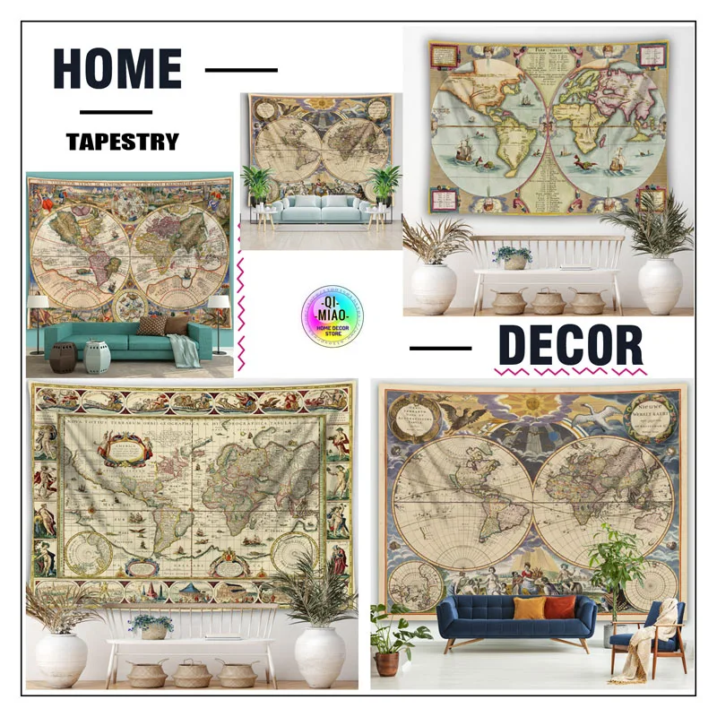 World Map Tapestry Medieval Wall Hanging Kawaii Home Decoration Boho Room Decor Vintage Goth Myth Large Fabric Wall Tapestry Art