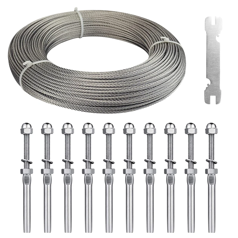 

10Pcs 3/16‘’ Swage Threaded Stud Tension End Fitting Terminal Cable Railing Hardware Kit with 100 Feet Wire Rope 5mm