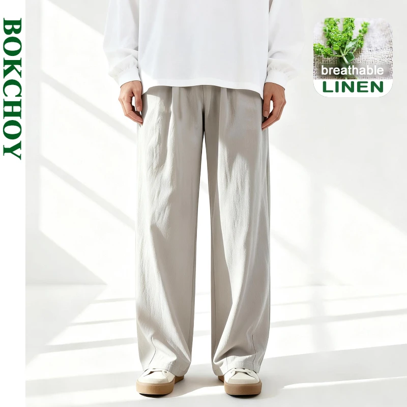 

2026 Spring Summer New Loose Thin Straight Trousers for Men Clothing Drawstring Comfort Linen Male Pants LX6079