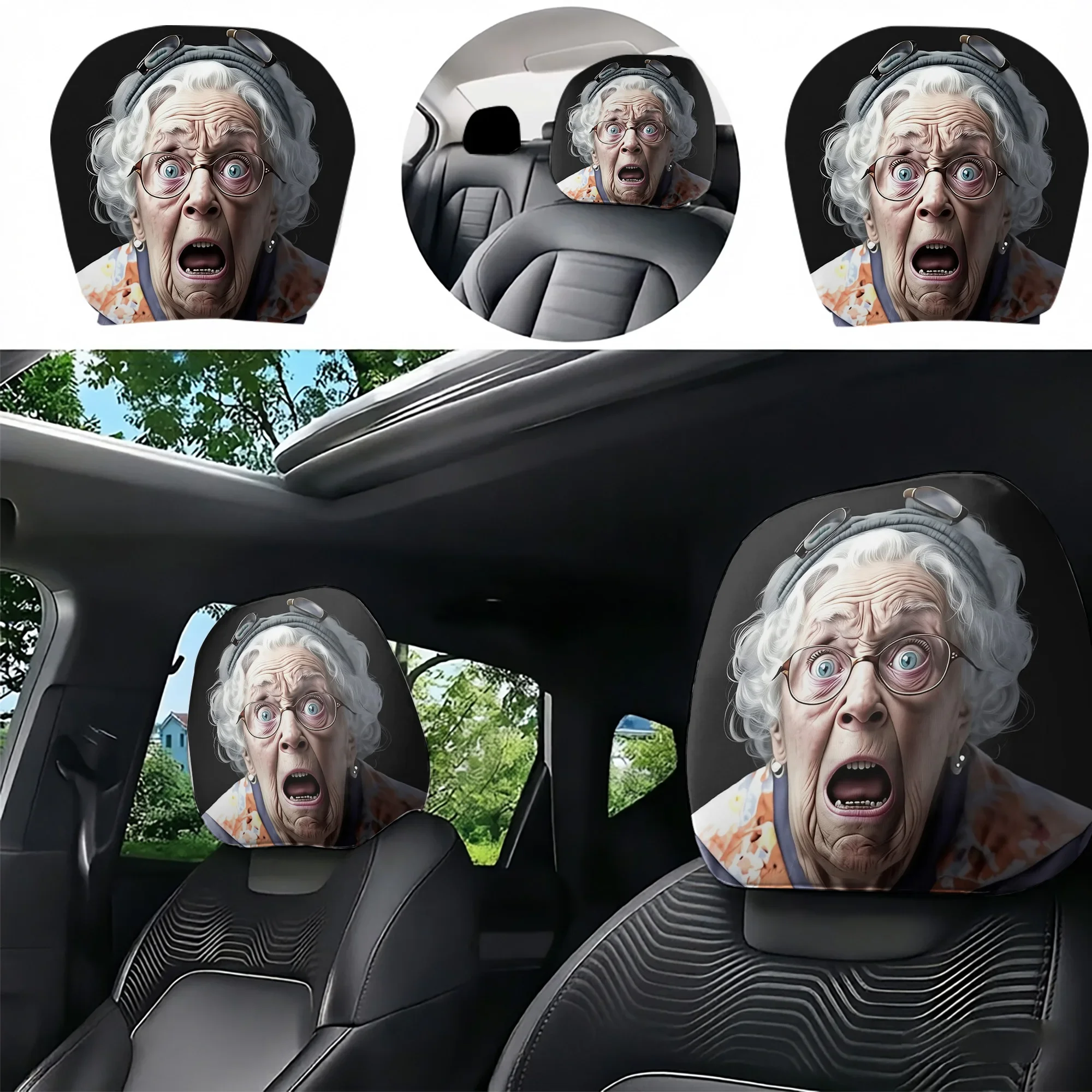 2Pcs Startled Old Lady Printed Car Headrest Covers Adds A Sense Of Humor To Your Car S Interior Filling Not Included Easy To I