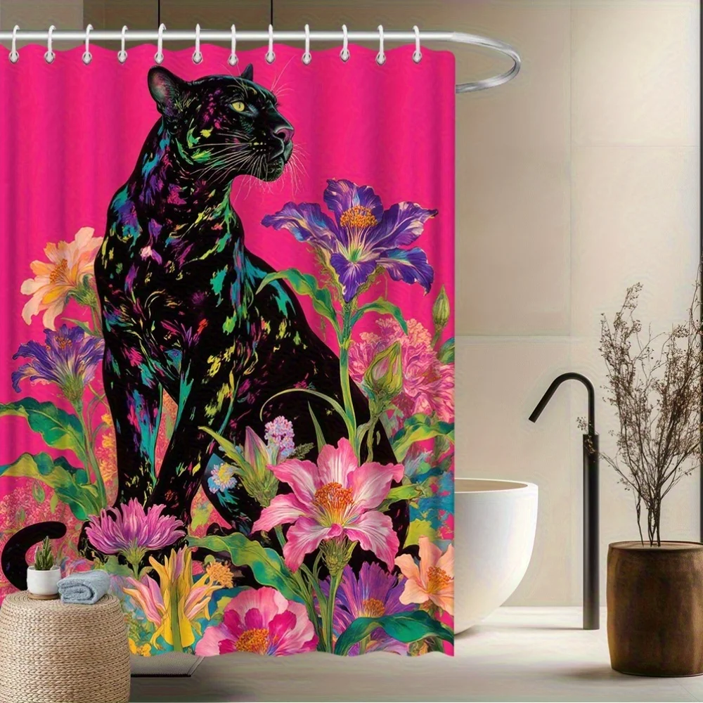 1 шт., занавеска для душа с пантерой и цветами - полиэфирная ткань, яркая пантера среди разноцветных цветов с ярко-розовым фоном для