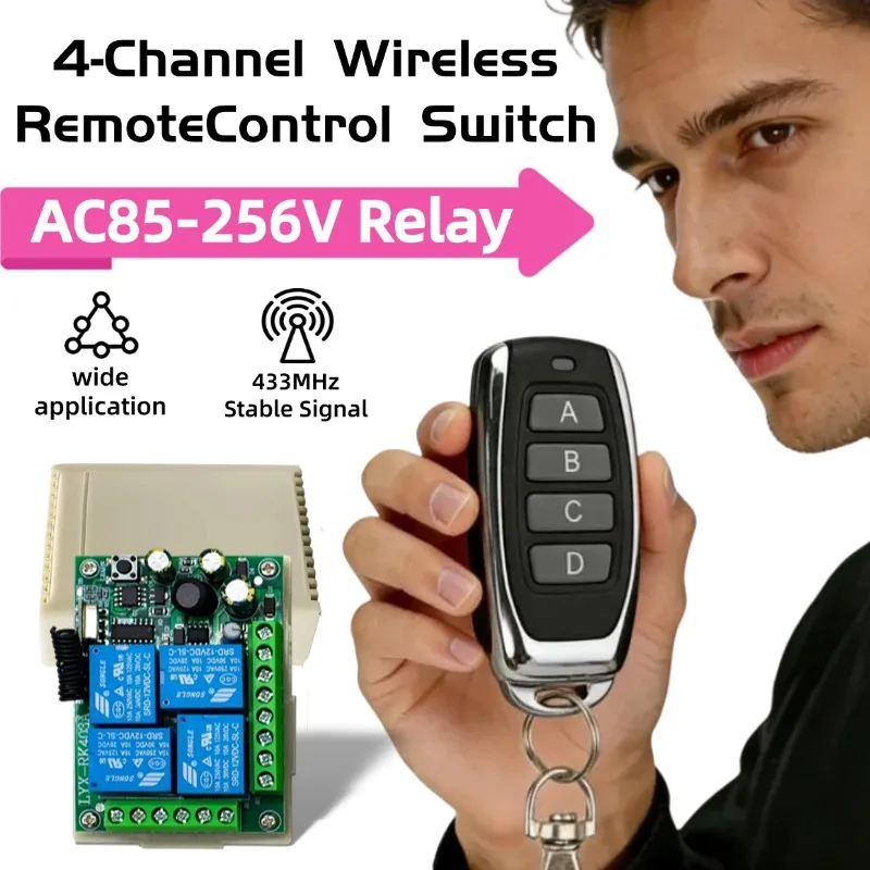 Smart Multiple AC85V 220V 230V 256V 10A 433 MHz 4CH Wireless Relay RF Remote Control Switch Receiver+ 4 Button Transmitter