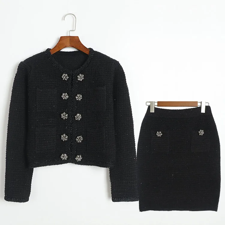 Luxry Spring Crystal Double Breasted Short Dress Two Piece Set Women\'s Cardigans Mini Skirts Matching Sets Autumn Knitwear