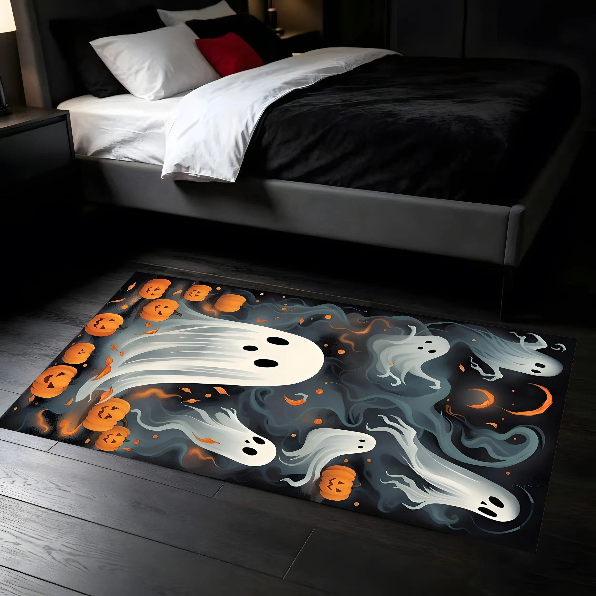 Velvet Ghost Pumpkin Funky Halloween 2D Rug for Living Room, Bedroom and Entryway, Warm Cozy