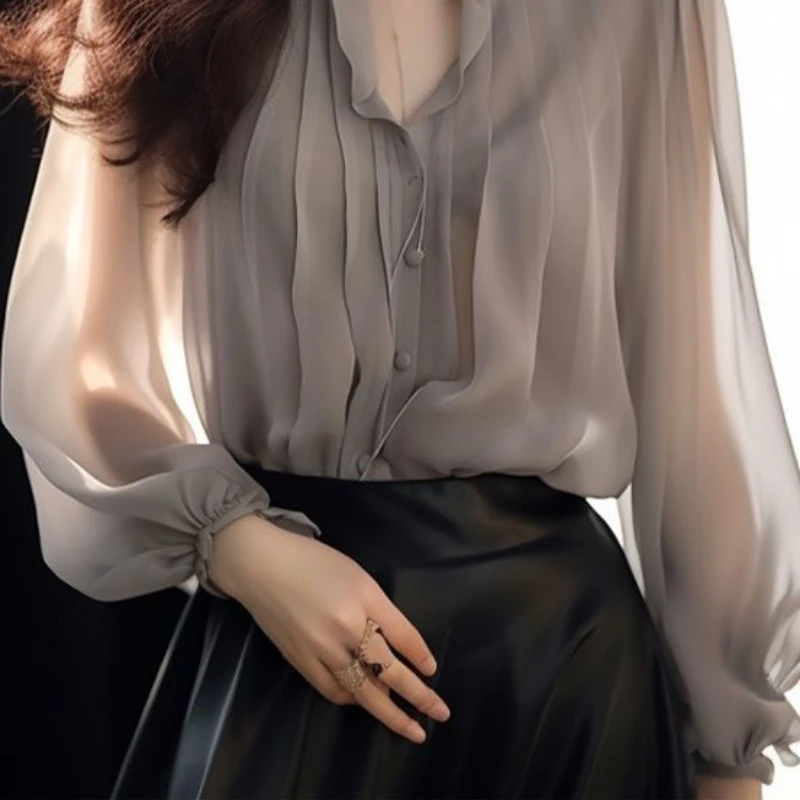 2024 NewSpring and Autumn Commuting Minimalist Fashion Chiffon Long Sleeved Solid Color Stand Collar Pleated Women's Shirt Top