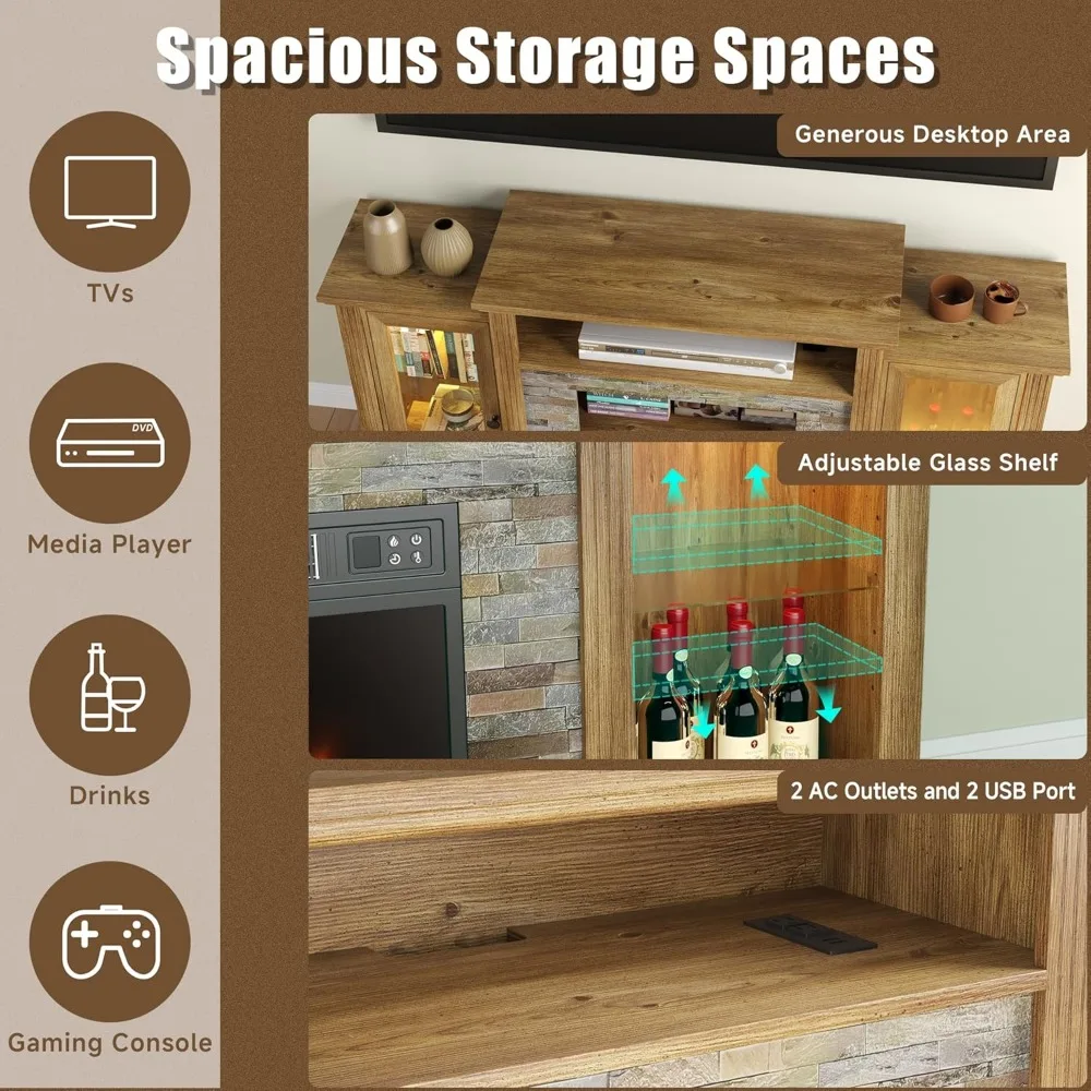 حامل تلفزيون مدفأة لتلفزيون 65 بوصة، مركز ترفيه مع مدفأة كهربائية 18 بوصة وأضواء LED، وحدة تحكم الوسائط الحديثة مع