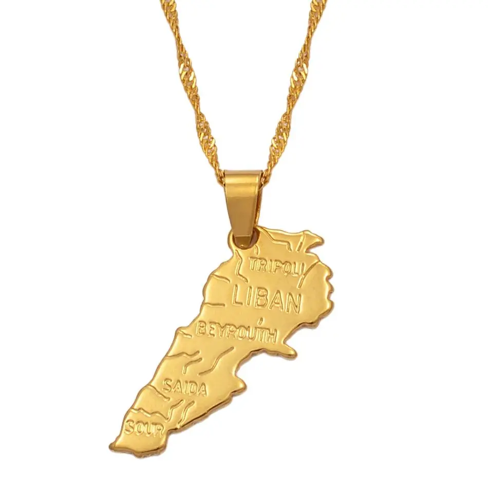 Anniyo Liban Map Pendants Chain Necklaces for Women Girls Gold Color Jewelry Lebanon Maps #007410