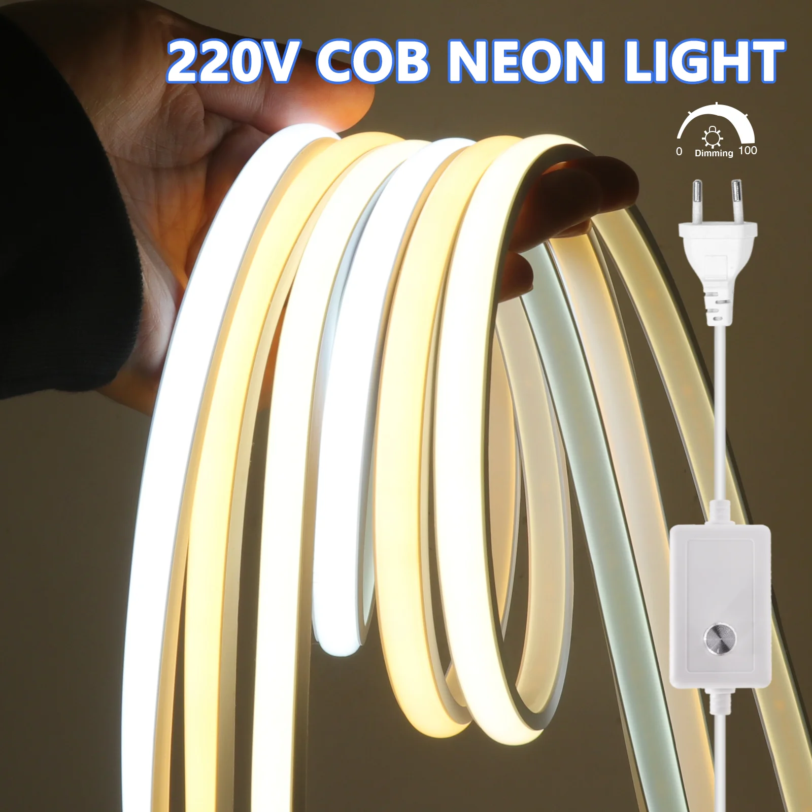 Dimmable COB LED Strip Neon Light 220V 288Leds/m RA90 Flexible Ribbon Outdoor Lamp Waterproof LED Tape With EU UK Power Plug