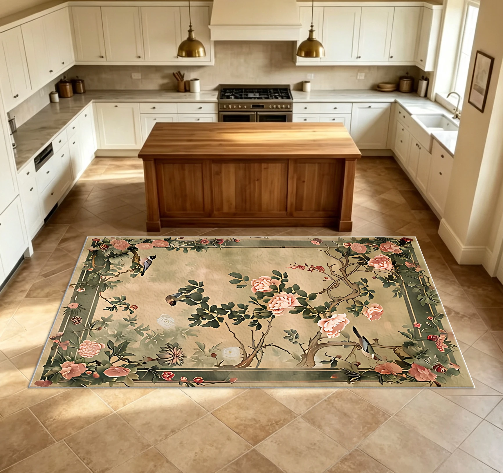 Vintage Chinese Style Peony Bird Pattern Carpet, Retro Floral Pattern Non-Slip Floor Mat, Suitable for Living Room Bedroom Home Decoration