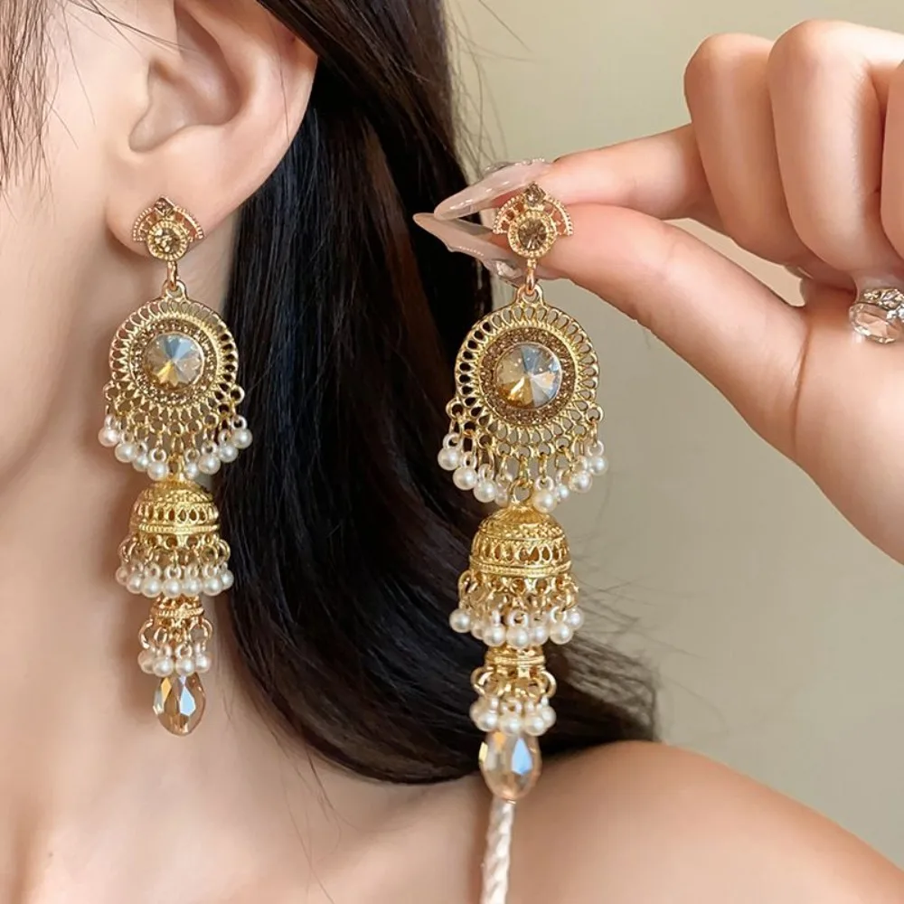 Brilliant Alloy Bell Tassel Earrings Thai Style Shiny Rhinestone Pearls Ear Drop Luxury Vintage Ethnic Style Ear Studs Women