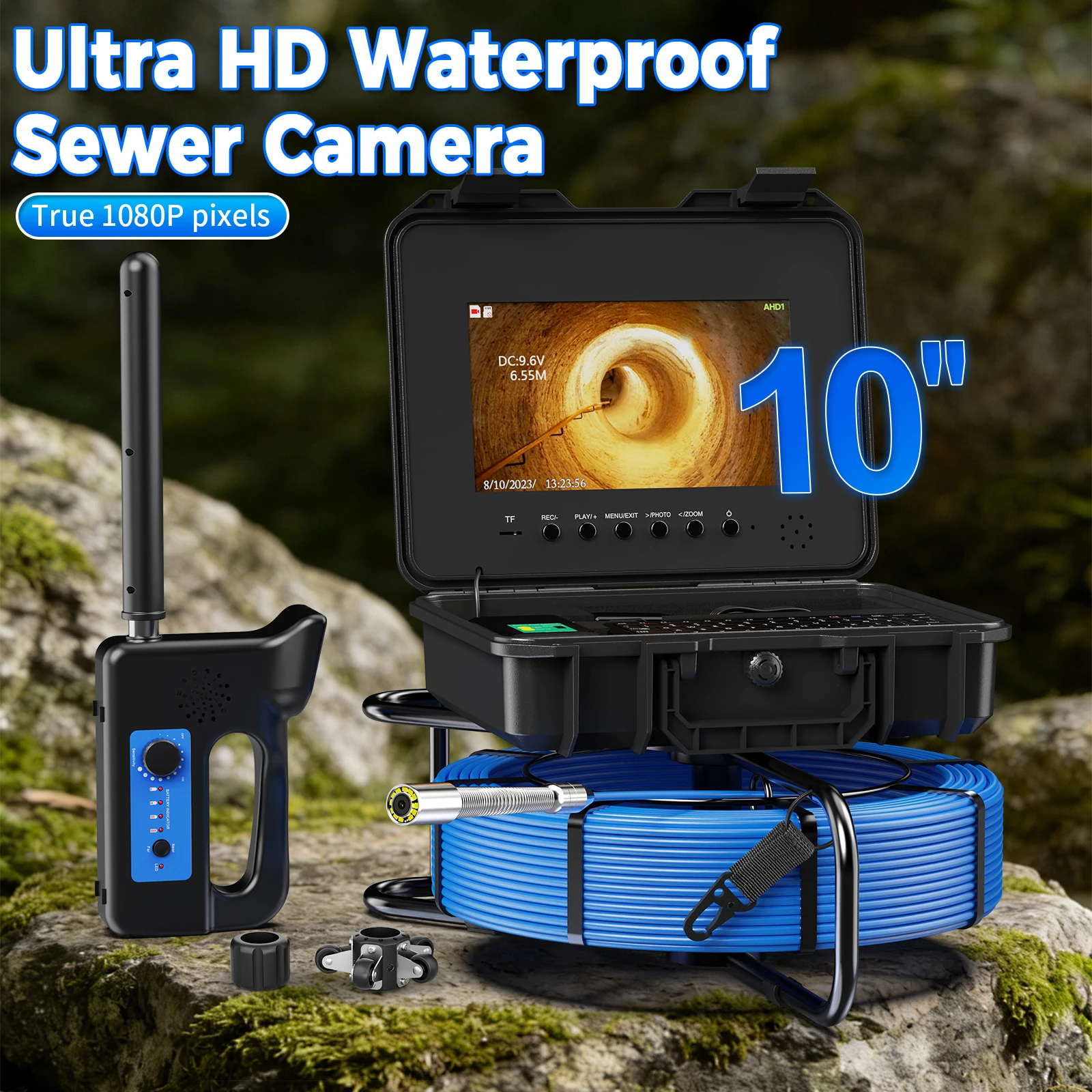 Sewer Pipe Inspection Camera with Locator Meter Counter 10.1inch IPS DVR Auto 512hz Self-Leveling AHD 1080P Video Borescope