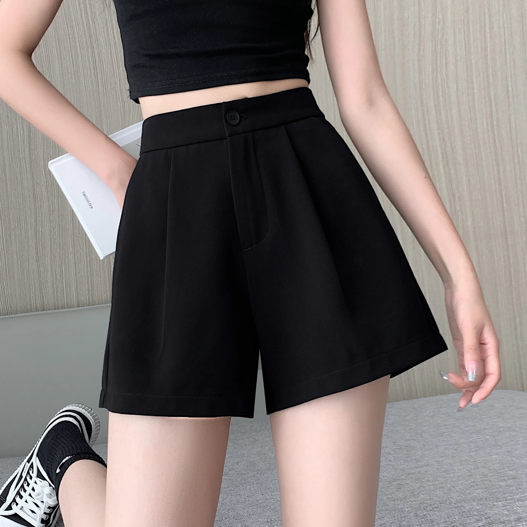 

Women 2024 Summer Fashion Elastic High Waist Suit Shorts Female Thin Solid Color Shorts Ladies Loose Wide-leg Short Pants X48