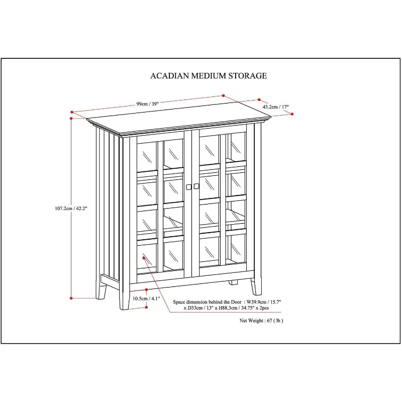 39 Inch Wide Transitional Medium Storage Cabinet in Light Golden Brown, with 2 Tempered Glass Doors, 4 Adjustable Shelves