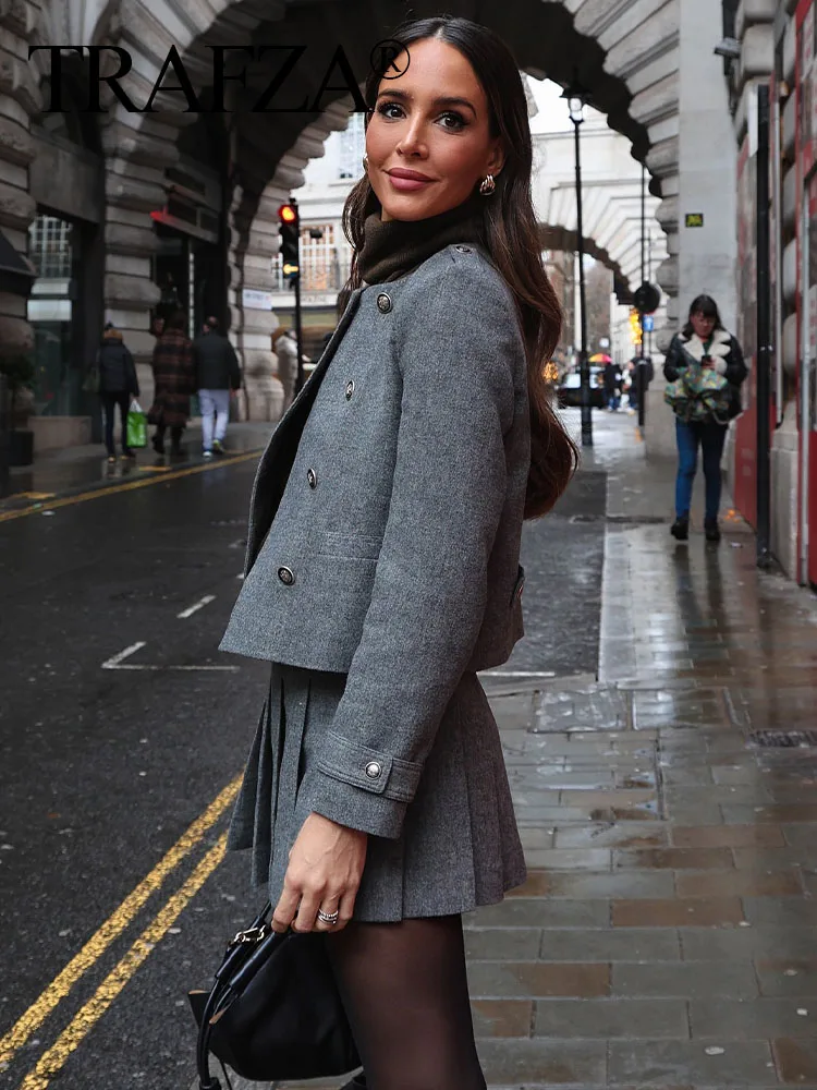 

TRAFZA женская юбка, комплект из 2 предметов, женская новая модная серия, куртка из смесовой шерсти с грудью + элегантная тонкая плиссированная юбка на молнии с широким подолом