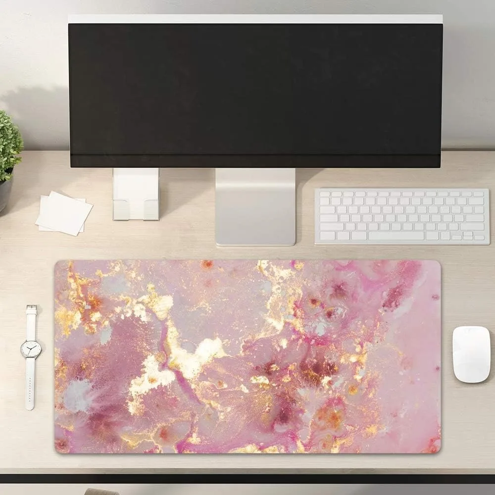 QIYI Large Mouse Pad, Cute Pink Desk Mat for Desktop Women Girls PU Leather Desk Pad Waterproof Gaming Mousepad Rose Gold Marble