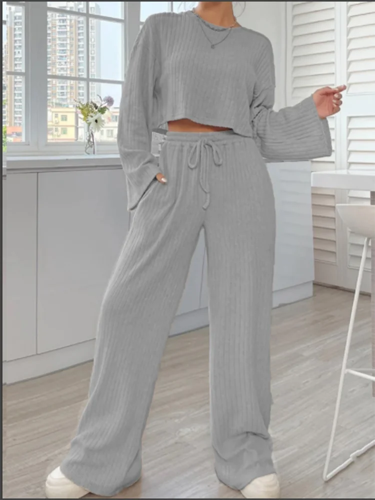 Casual Grey Long Sleeve Round Neck Suit Women\'s Solid Color Loose Top Trousers Autumn Sports Fashion Set