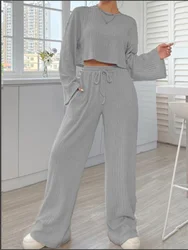 Casual Grey Long Sleeve Round Neck Suit Women's Solid Color Loose Top Trousers Autumn Sports Fashion 2 Piece Sets Women Outfit