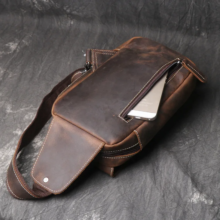 New Crazy Horse Leather Chest Bag - Men's Vintage Cowhide Crossbody Sling, Lightweight Breathable Shoulder Pack