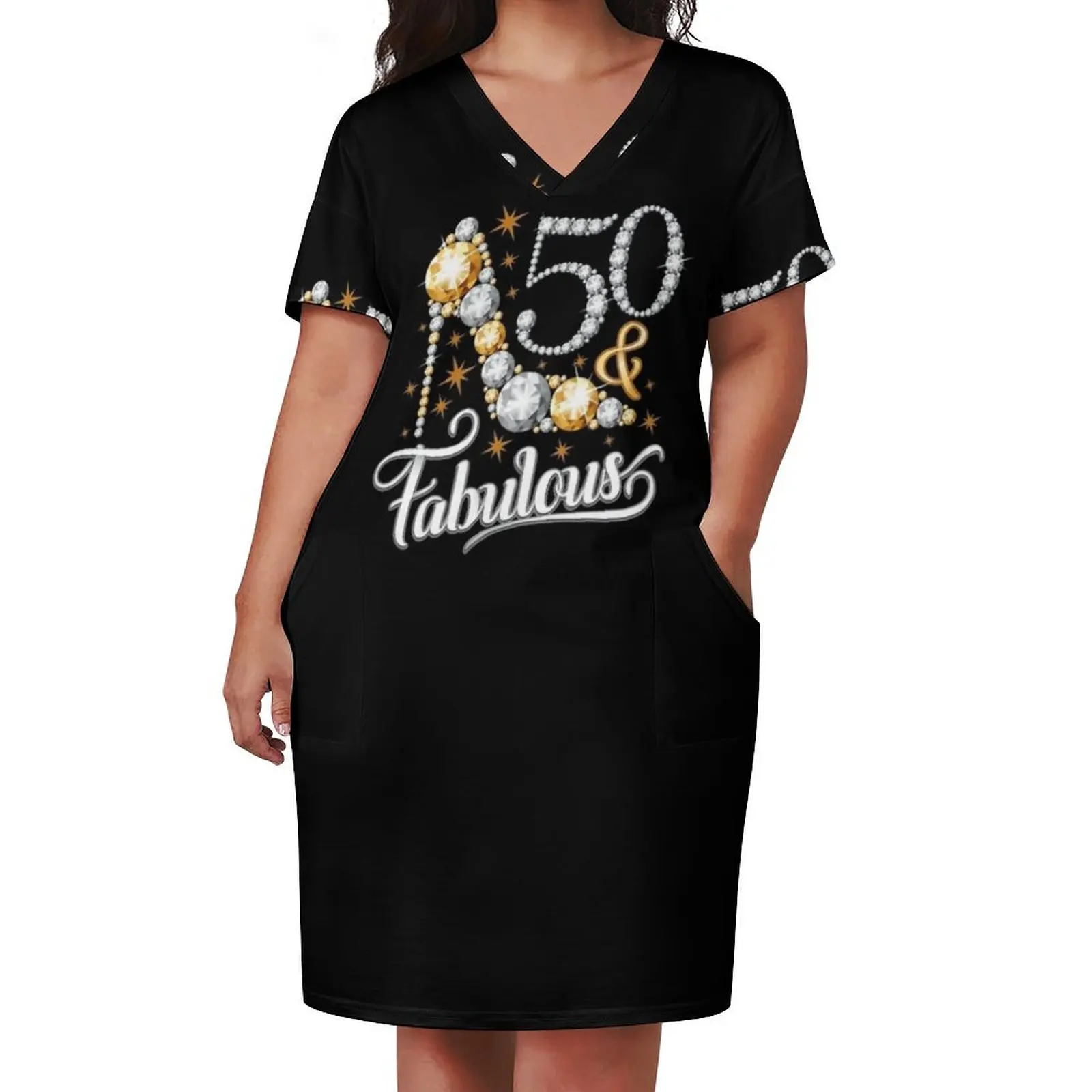 50th Birthday T-shirt. Fifty and Fabulous t shirt for ladies, women. Loose Pocket Dress wedding guest dress 2024 summer dress