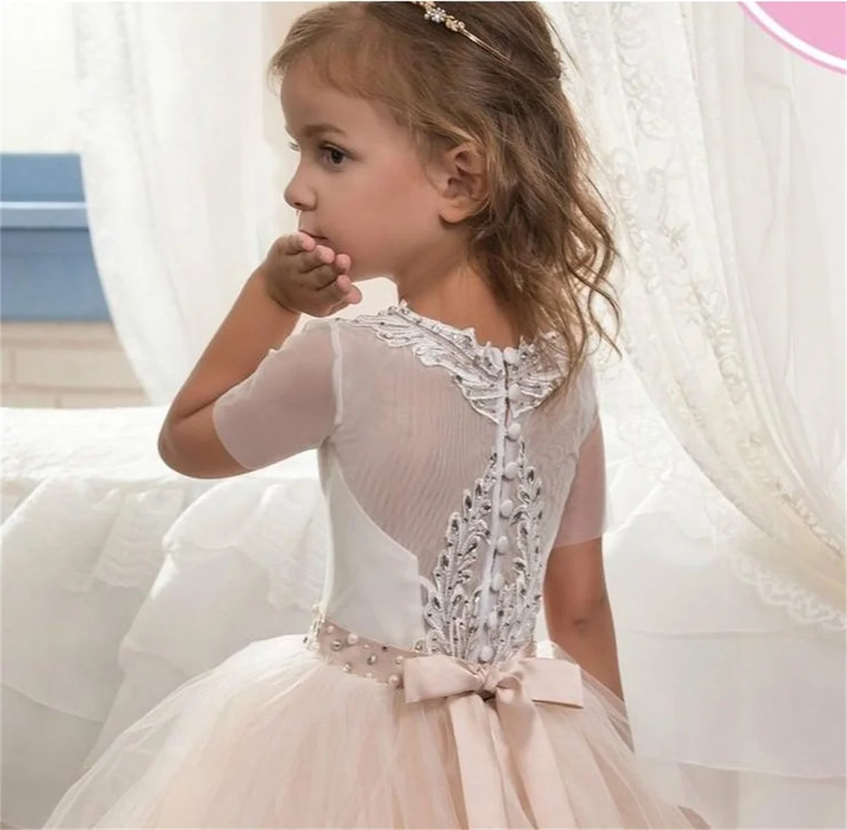 Vestido de niña de flores rosa esponjoso tul con cuentas encaje blanco boda elegante flor primer vestido de fiesta de cumpleaños eucarístico para niños