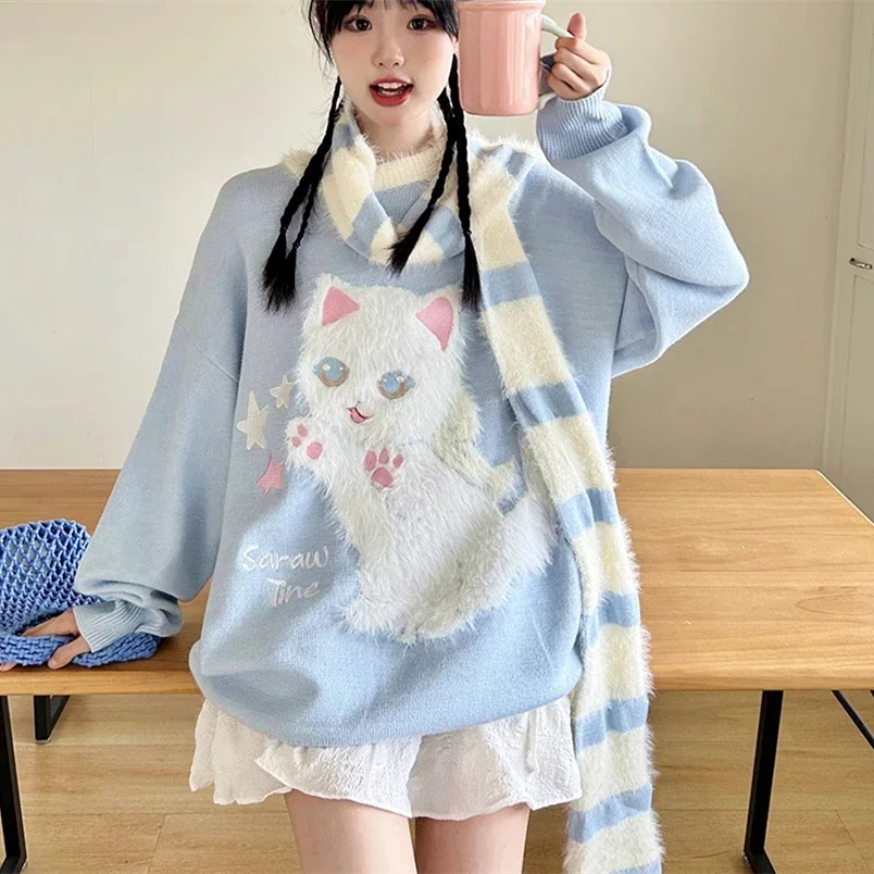 Japanese Y2K Egirl Winter Two Piece Set Scarf and Sweater High Quality Plush Cat Embroidery Jersey Jumper Women Casual Loose Top