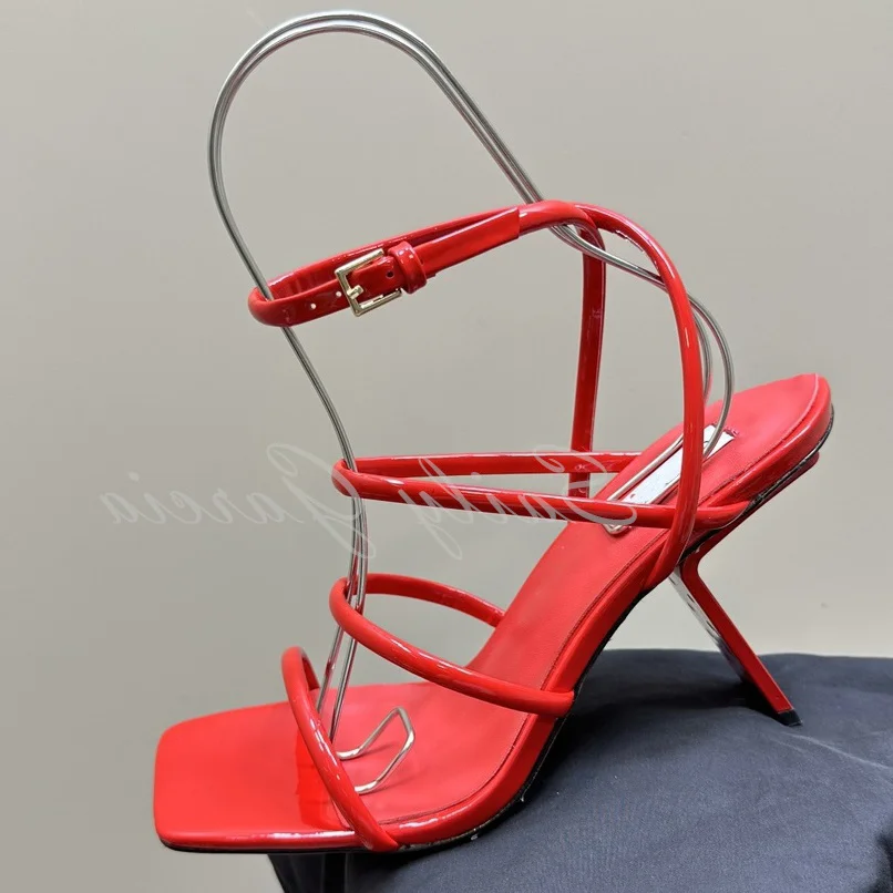 

Brand New Strappy Sandals Strange High Heel Square Open Toe Formal Dress Shoes Ladies Summer White Red Leather Sandals Woman