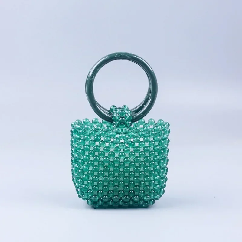 

Fashion Retro Inmini Lipstick Wallet Handbags for Women Summer New Green Acrylic Handmade Beaded Woven Women's Bag Customization