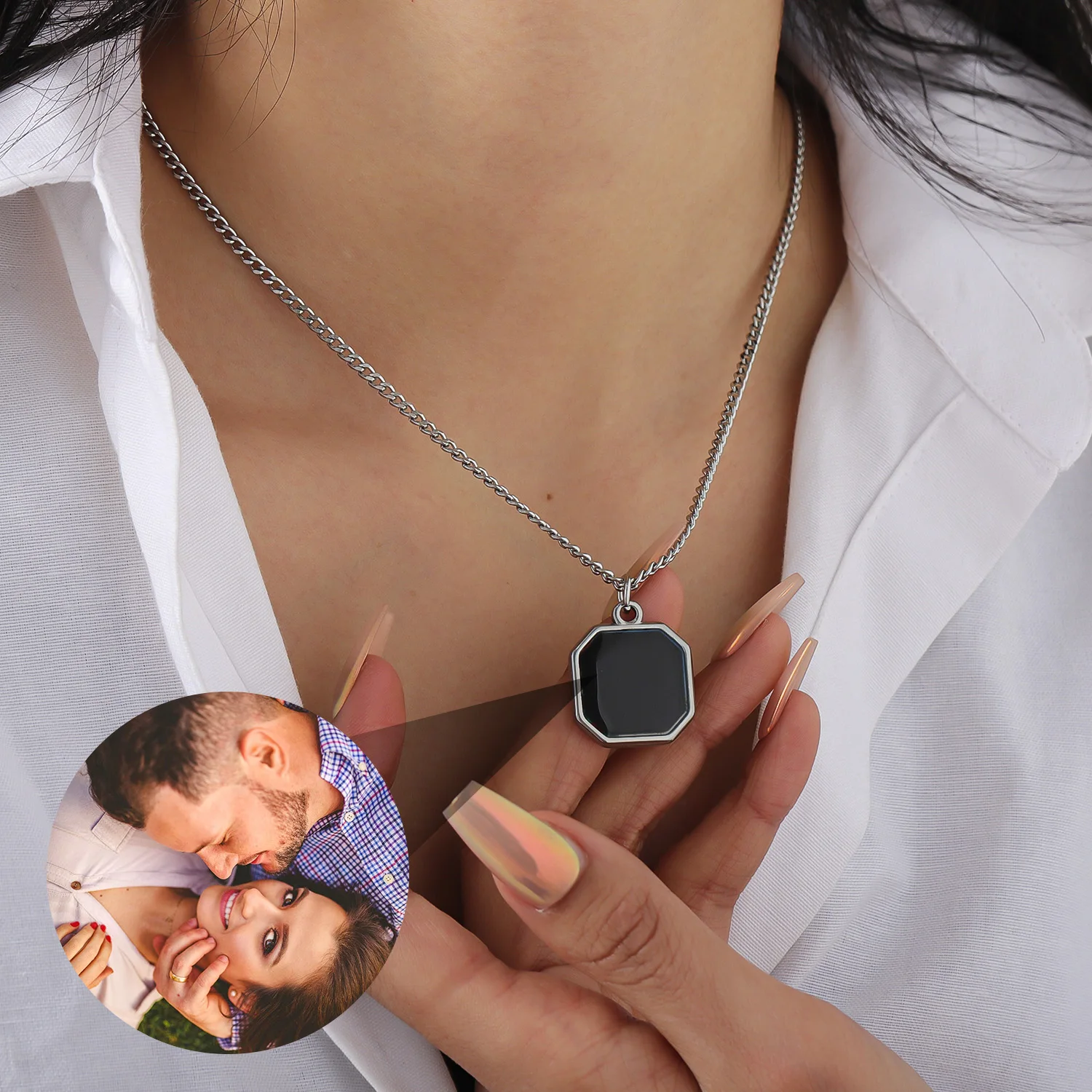 Temperature Sensitive Photo Necklace Stainless Steel Octagon Pendant Thermal Color Changing Design Hidden Picture Christmas