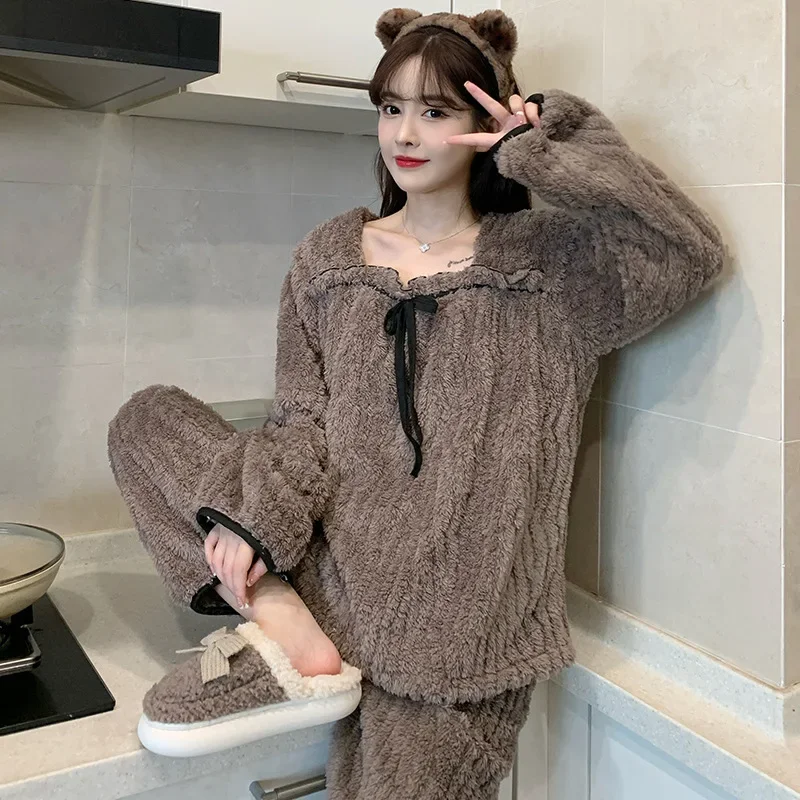 5XL Sweet Plush Pajamas Set Women Autumn Winter Warm Loungewear New Large Size Long Sleeve Flannel Homewear Can Be Worn Outside