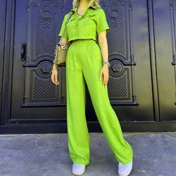 Y2k Crop Tank Top & Wide Leg Pants Set Vest Green 2025 Matching Sets Summer Vintage Boho High Waist Loose Work Suit Streetwear