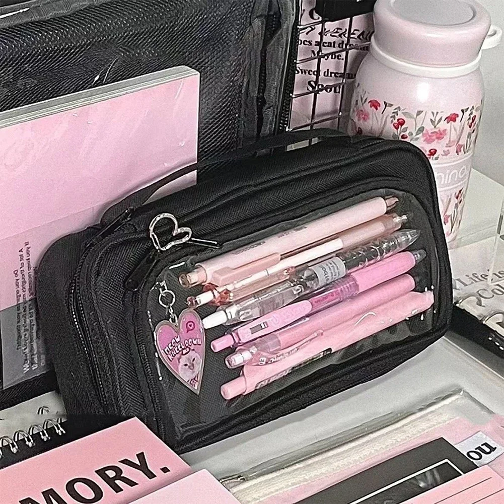 INS Large Capacity Transparent Visual Window Canvas Pencil Case Student Stationery Box Black College Style Zipper Pencil Bag