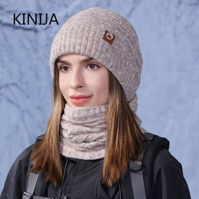 2ps Winter Knitted Hat Scarf Set for Women Cold Proof Ear Protection Scarf Warm Skullies Beanie Windproof Outdoor Cycling Skiing