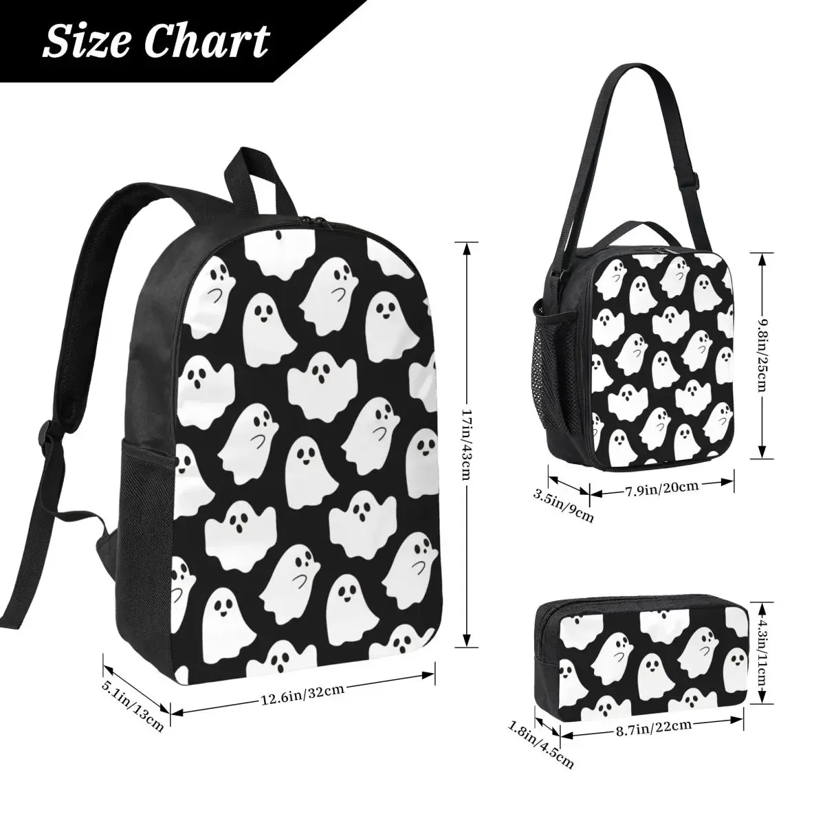 Spooky Ghost Halloween Cartoon Pattern Backpack BookBag School Bag Computer Shoulder Bags 3ps Insulated Lunch Bag Pencil Case