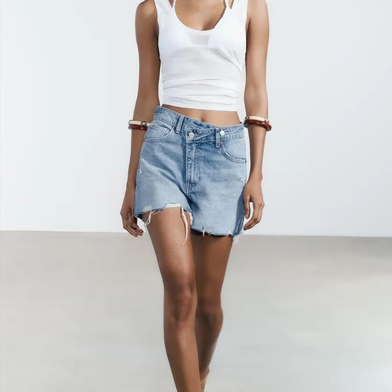 

Spring 2025 Women's Casual Versatile Denim orts Cross Waist Leisure Polyester Fabric Suitable for All Seasons
