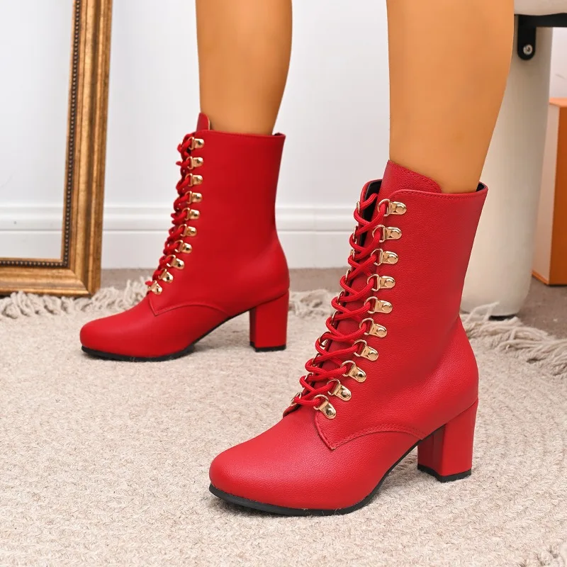Plus Size Rivet Front Lace-Up Booties Fashion Round Toe Non-Slip Wear-Resistant Block Heel Shoes for Women